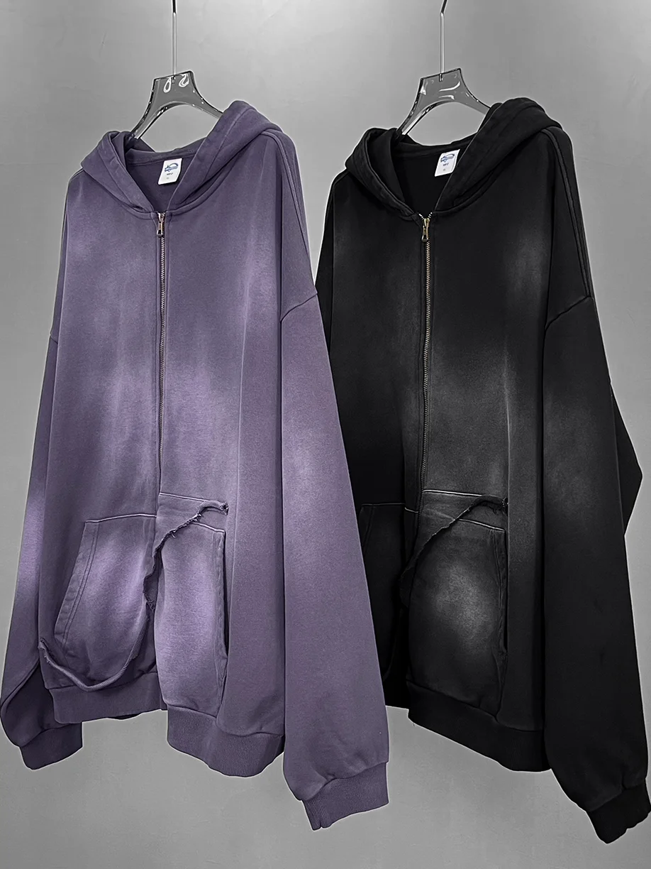 2025 New Autumn New Zipper Cardigan Sweatshirt Unisex Vintage Distressed Gradient High Street Hooded Loose Jacket