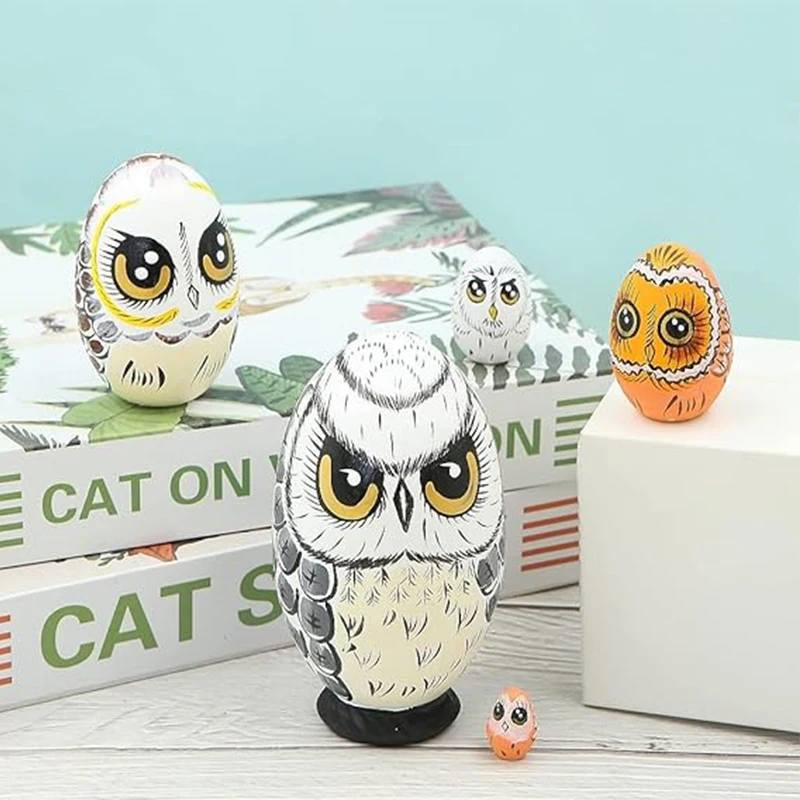 5 Pieces Wooden Owl Nesting Dolls Owl Russian Egg Ornament Rustic Design for Easter New Year Halloween