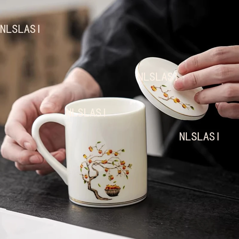 400ml Sheep Fat Jade Tea Cup White Porcelain Mug with Lid Ceramic Chinese Style Office Cup Household Tea Cup Drinking Utensils