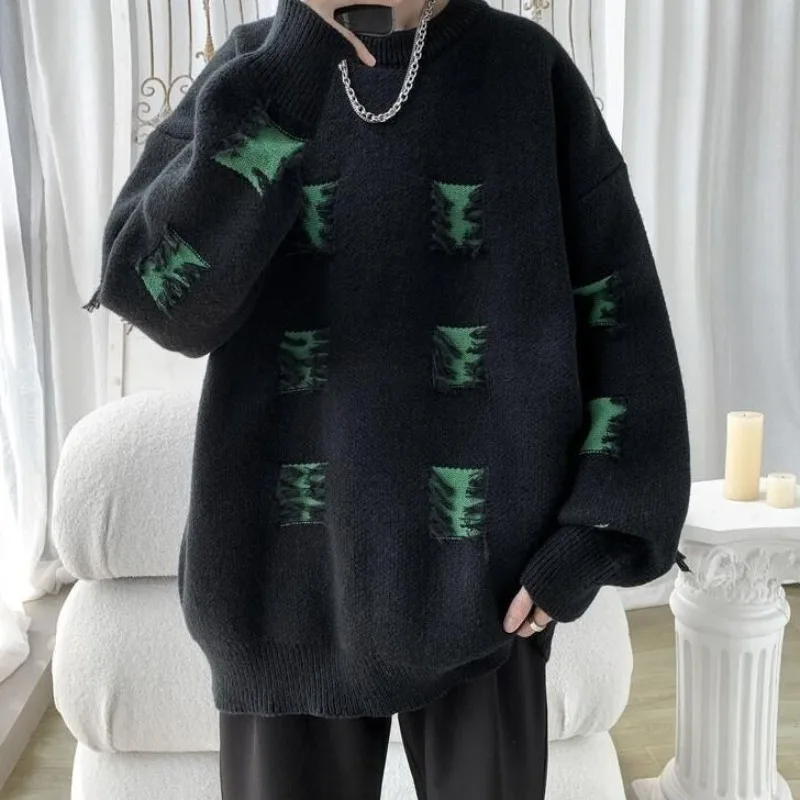 Pullover Man with Holes Aesthetic Korean Popular Clothes Top Autumnr and Winter Knitwear Y2k No Hoodie Knitted Sweaters for Men