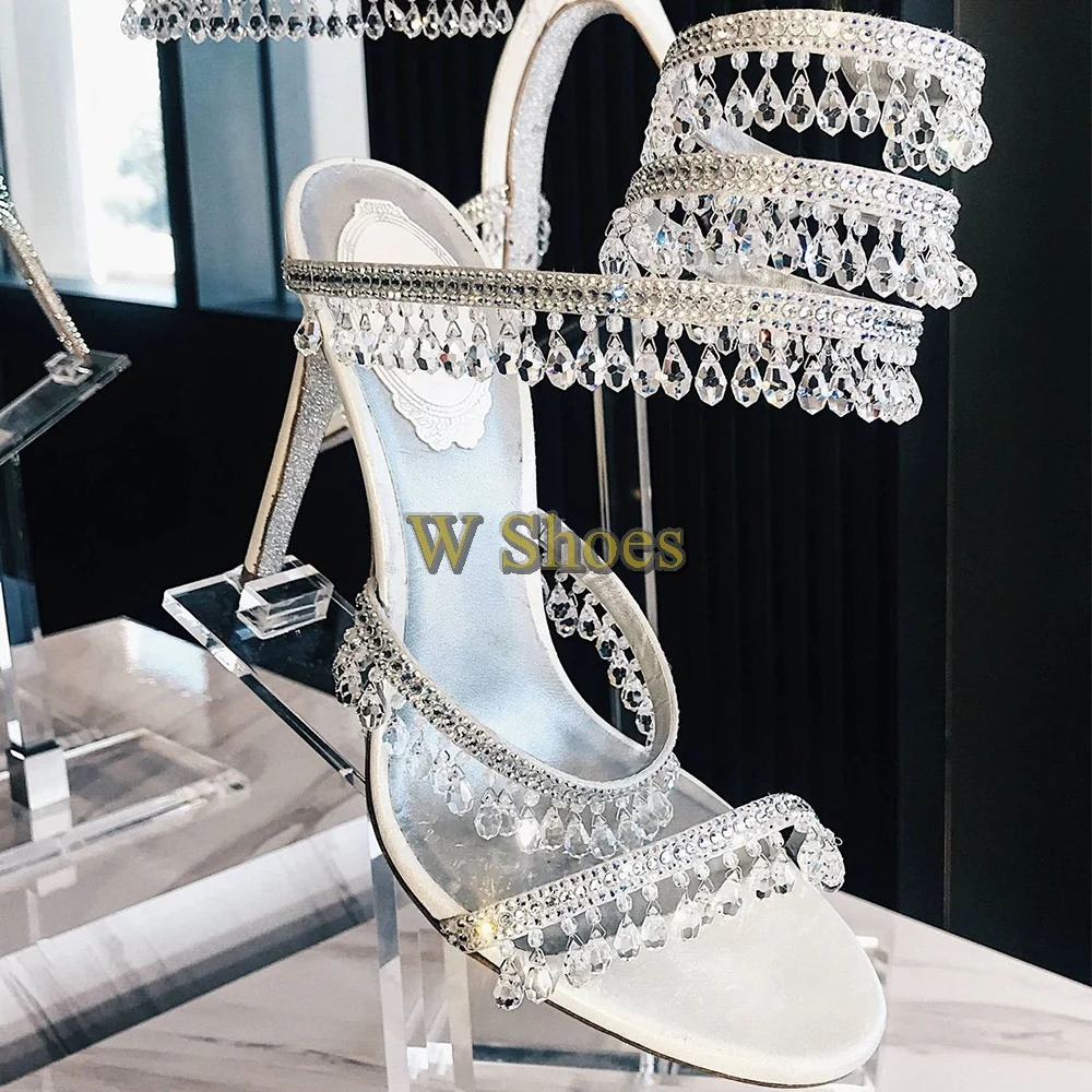 

8CM 10CM 2025 Round Head High-heeled Open-toe Water Drop Snake Winding Catwalk Rhinestone Stiletto Sandals Gifts for Women