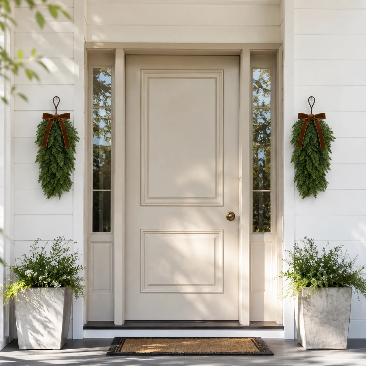 2 Stück Künstliche Zedern-Tropfenkranz mit Samtschleife, Hängendes Evergreen-Grün für Weihnachtsdekoration an Tür, Wand, Kamin und für Feiertage – Detail 6