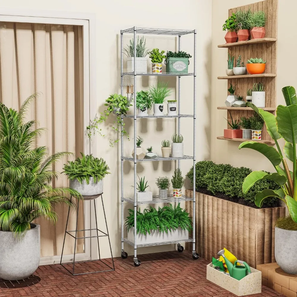 Estantería de almacenamiento de 6 niveles, estantería de alambre, organización de estante independiente con ruedas, ganchos laterales de acero inoxidable, gris plateado