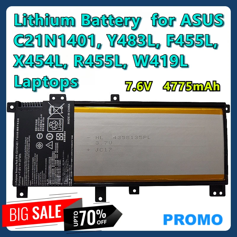 

Lithium Battery for ASUS C21N1401, Y483L, F455L, X454L, R455L, W419L Laptops