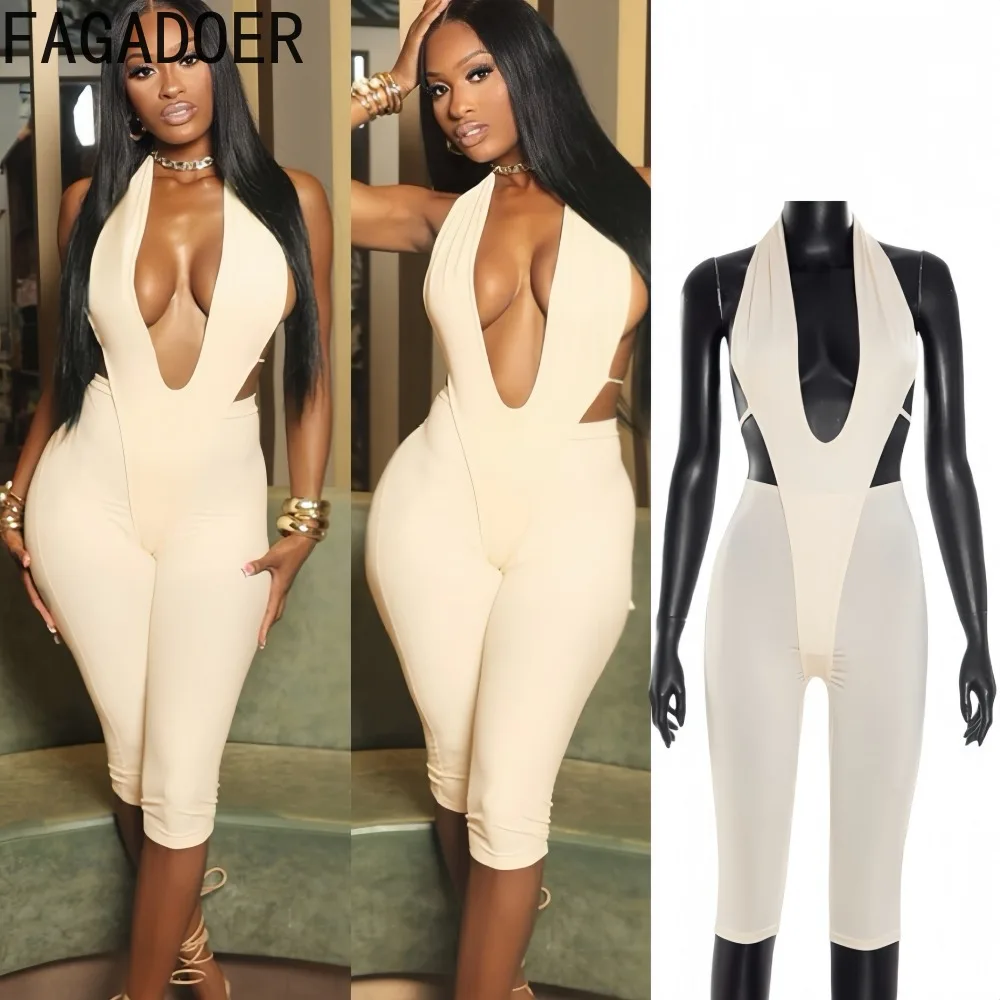 

FAGADOER Y2k Sexy Bodycon Jumpsuits Women Halter Deep V-Neck Backless Stretch Rompers Female Midnight Clubwear Summer 2025 New
