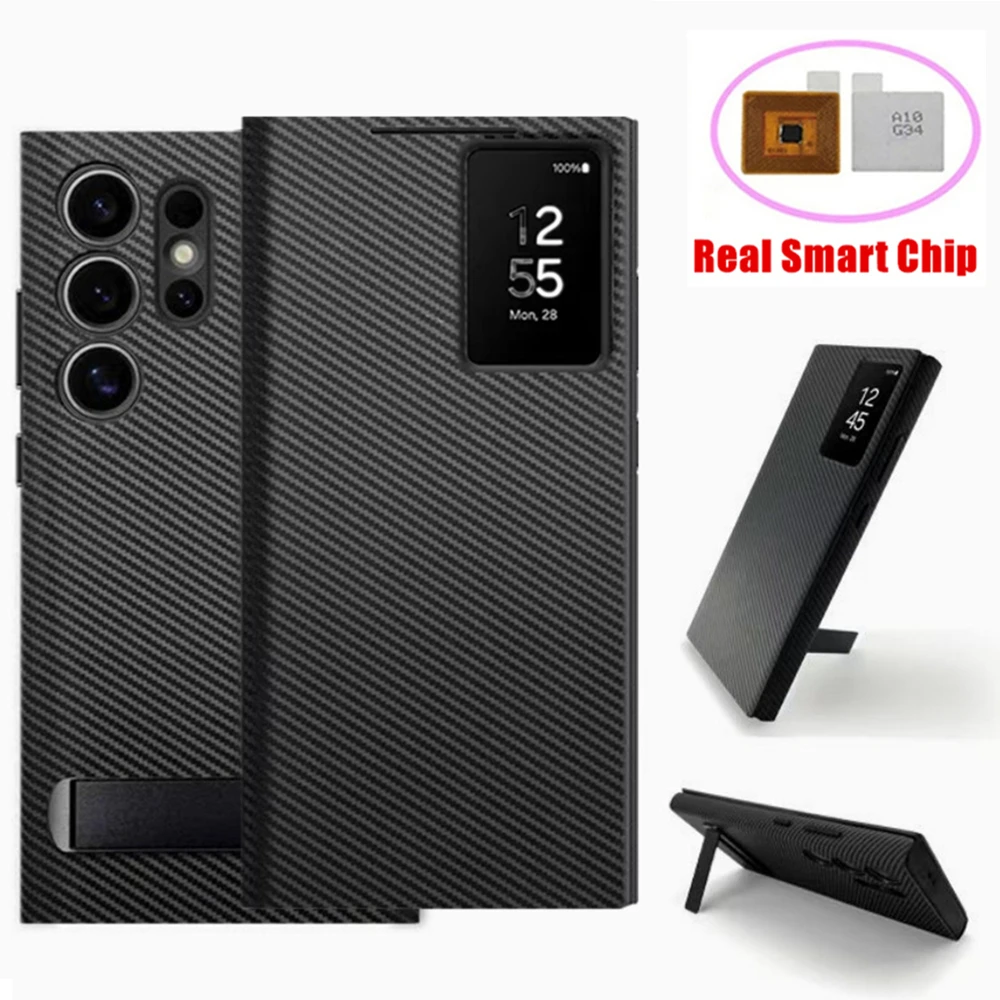 For Samsung Galaxy S23 S24 S23 Ultra Carbon Fiber Leather Case Flip-free Answer Call Intelligent Display Window View Smart Cover