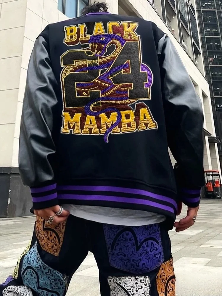 

Heavyweight Baseball Jaet with Snake Embroidery And PU Leather Sves Cotton Lined Warmth for Men And Women Spring Autumn ...