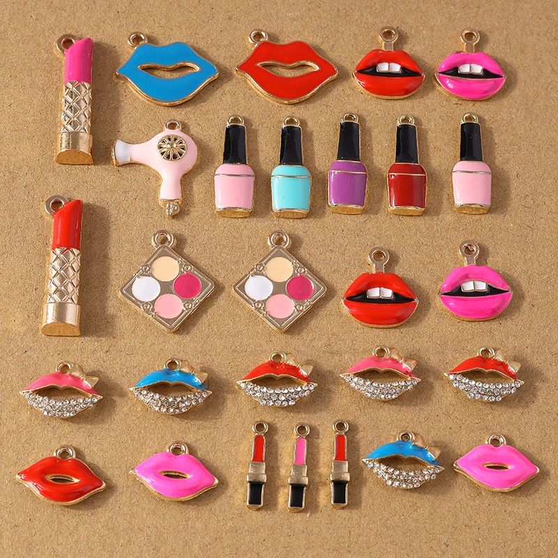10pcs Enamel Simulation Nail Polish Lipstick Charms Pendant for Jewelry Making DIY Necklace Earrings Bracelet Accessories