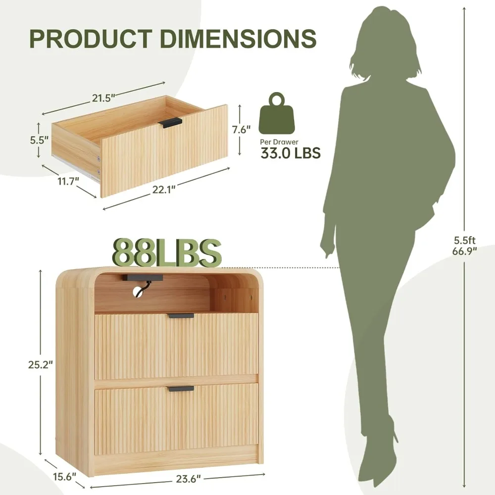 منضدة مخددة مع قاعدة شحن، طاولة نهاية خشبية مع درجين للتخزين، تصميم ملف تعريف منحني، خزانة بجانب السرير حديثة