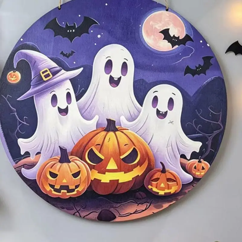Round Wooden Halloween Door Sign with Rope Hanger Detail, Seasonal Wall Decoration for Entry or Indoor Display Use  D2RC