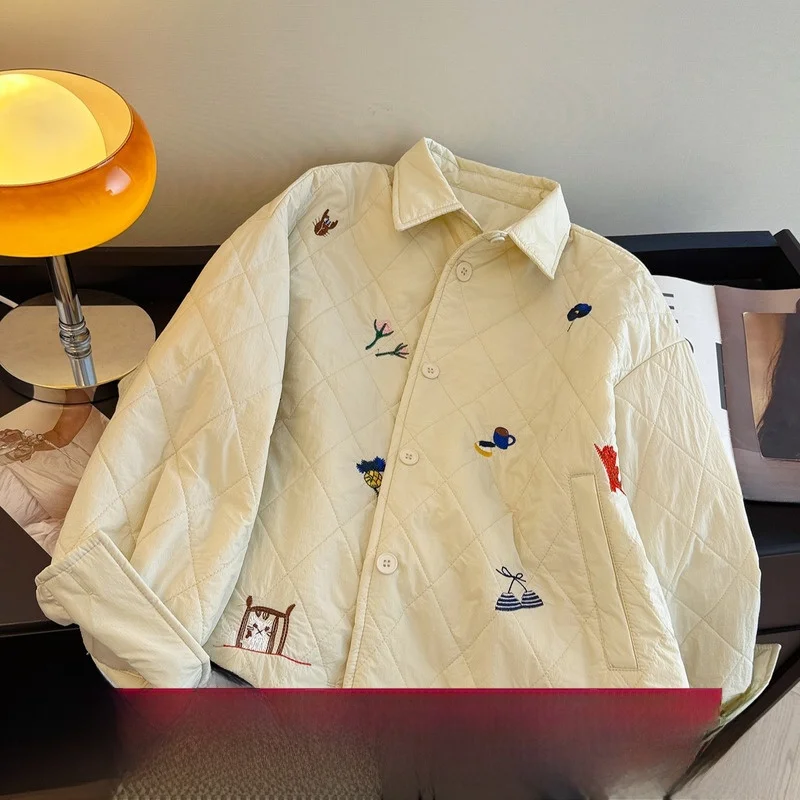 

Ele Embroidered Cotton Jaet Lightweight Loose Fit Collarl Women's Winter Outerwear Sli Unique Design Comfortable