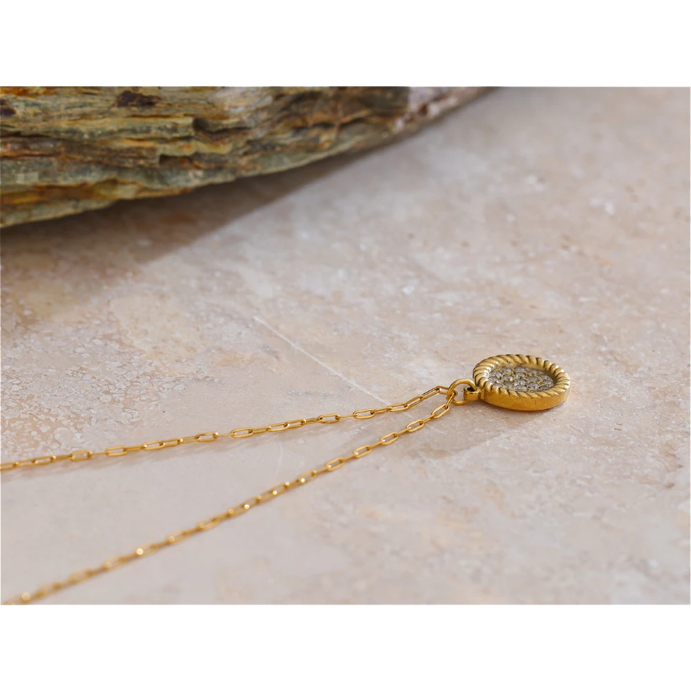 Yhpup Exquisite Stainless Steel Shiny Cubic Zirconia Round Necklace Pendant 18K Gold Color PVD Plated Chic Jewelry Daily Gift