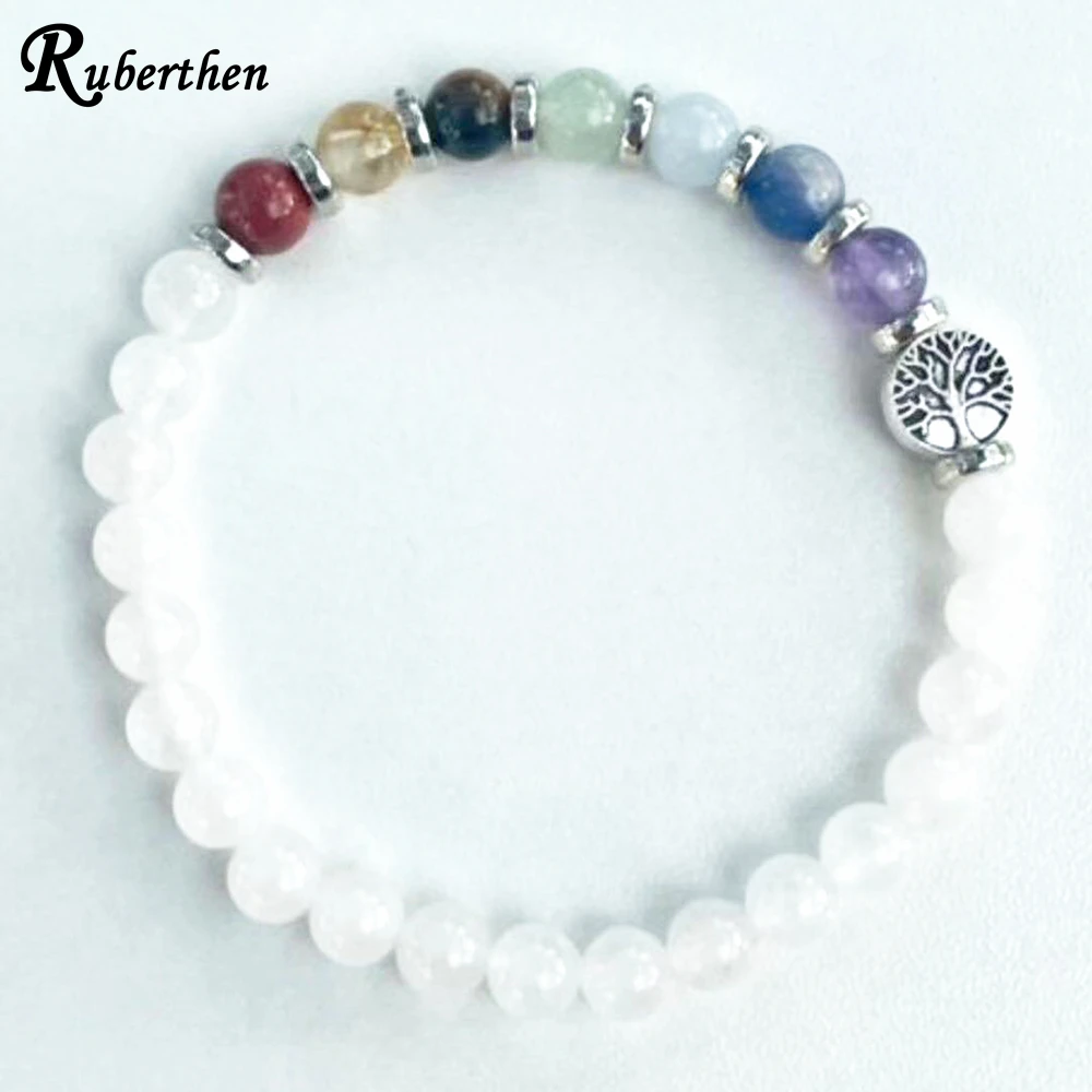 Ruberthen 6 MM Snow Quartz 7 Chakra Gemstone Bracelet Fashion Womens Tree Of Life Stress Relief Wrist Yoga Mala