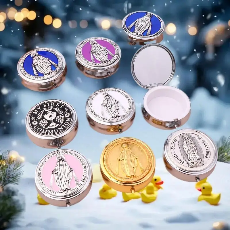 

Античная латунная подарочная коробка с бусинами Святого Бенедикта для Святого Причастия, круглое хранилище религиозных ювелирных изделий