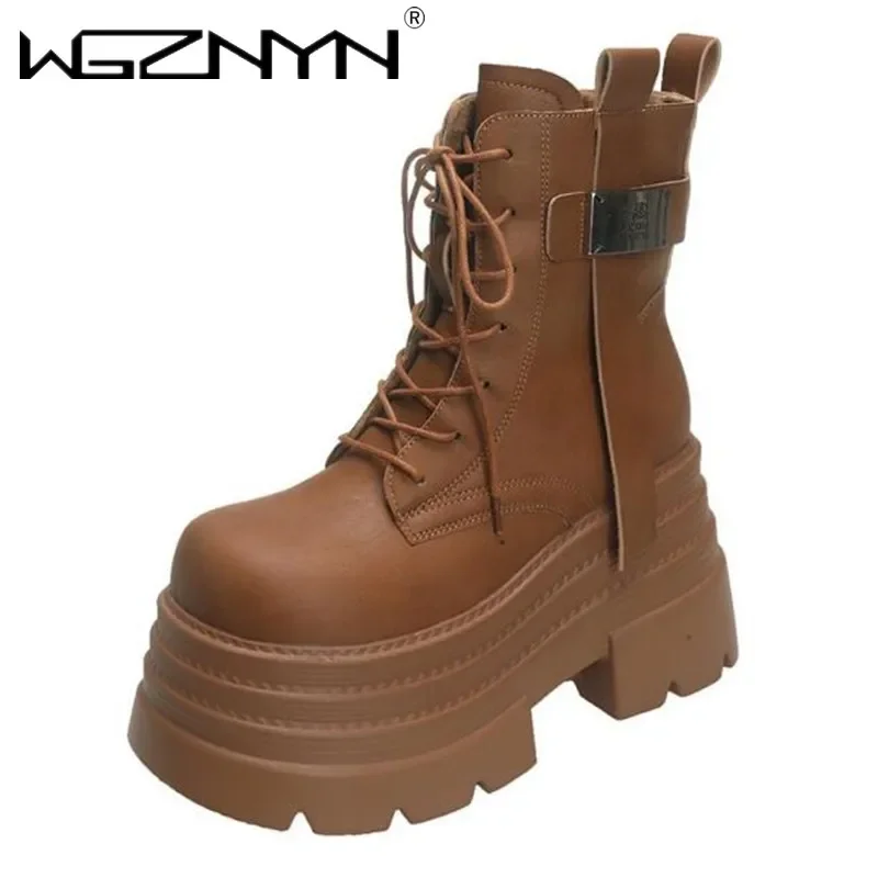 New Women Goth High Platform Ankle Boots Winter Warm Fur Chunky Snow Shoes Lace-up Sneakers Woman Leather Motorcycle Botas Mujer
