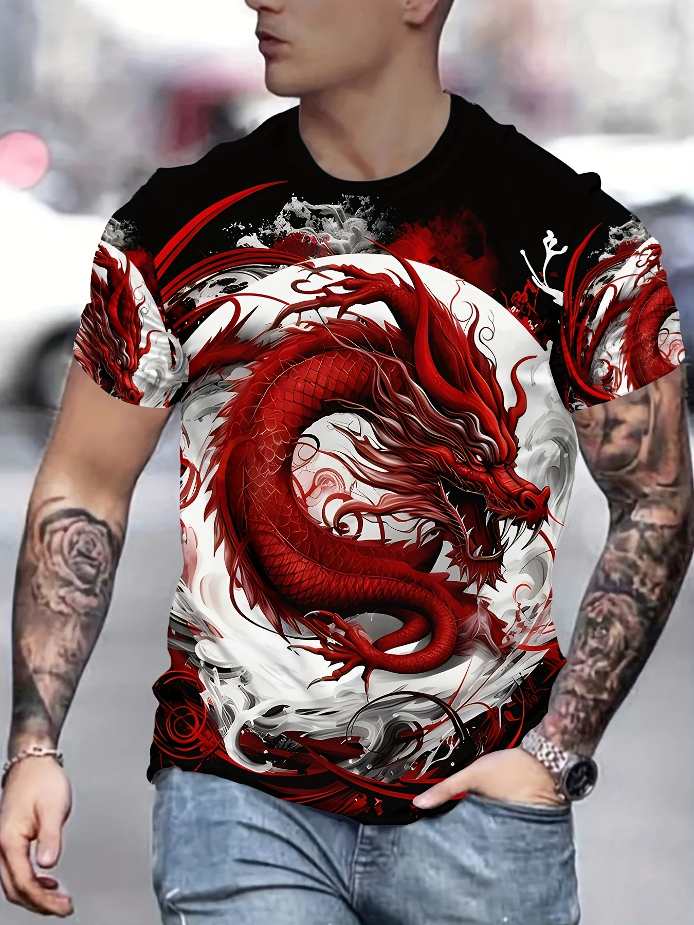 

Chinese Loong Pattern T Shirt For Men Street Hip Hop Harajuku Short Sleeve Tops Casual O-neck Loose Tees Fashion Trend Clothing