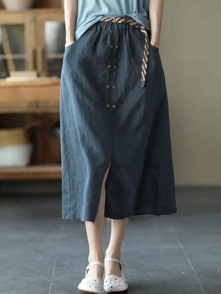 High Waist Casual Skirts Women New Arrival 2022 Summer Vintage Style Loose Cotton Linen Ladies A-line Long Skirt With Belts D326