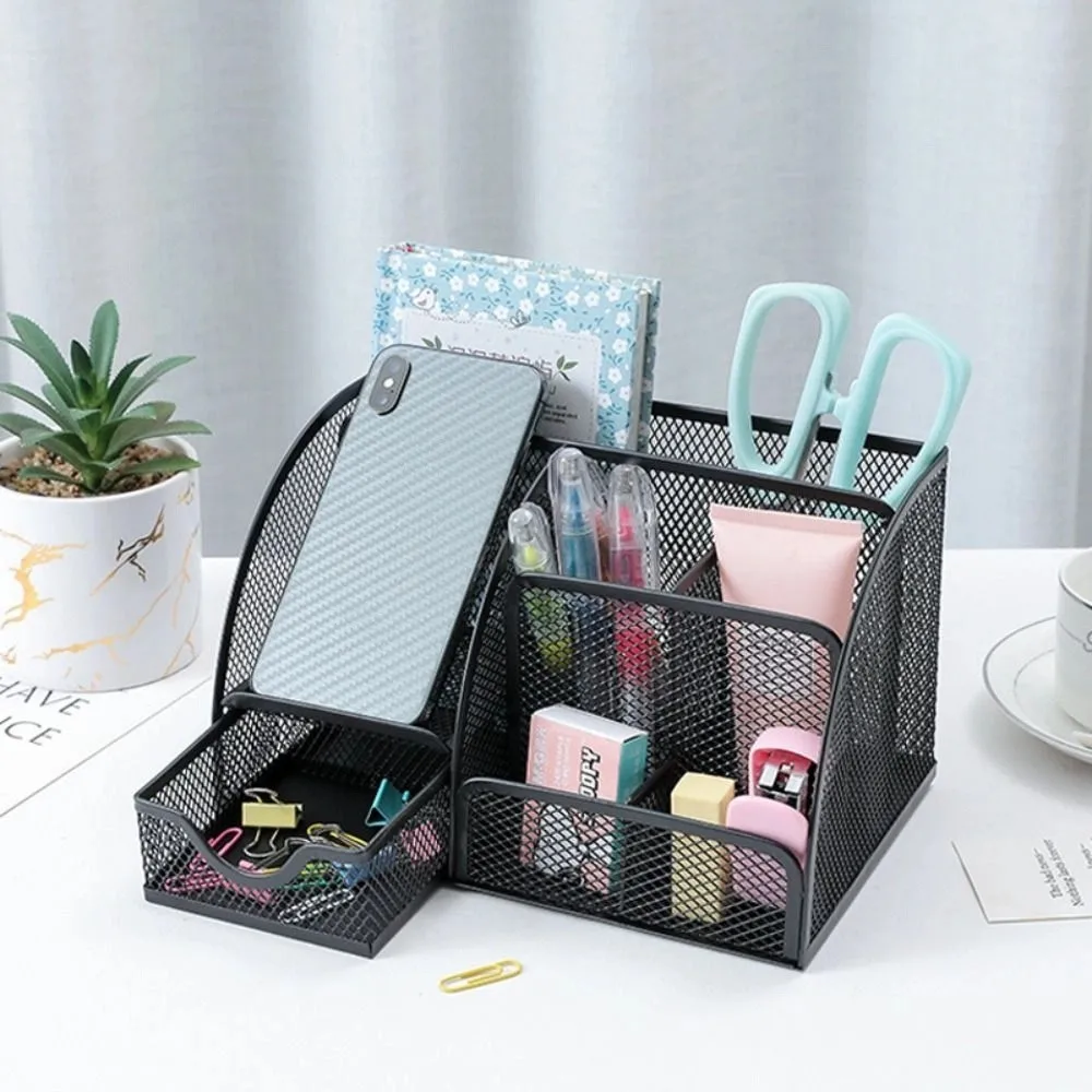 

Creative Multi Grid Pen Holder Multi-functional 6 Compartments Desk Organizer Metal Mesh 1 Drawer Sundries Storage Box Pencil