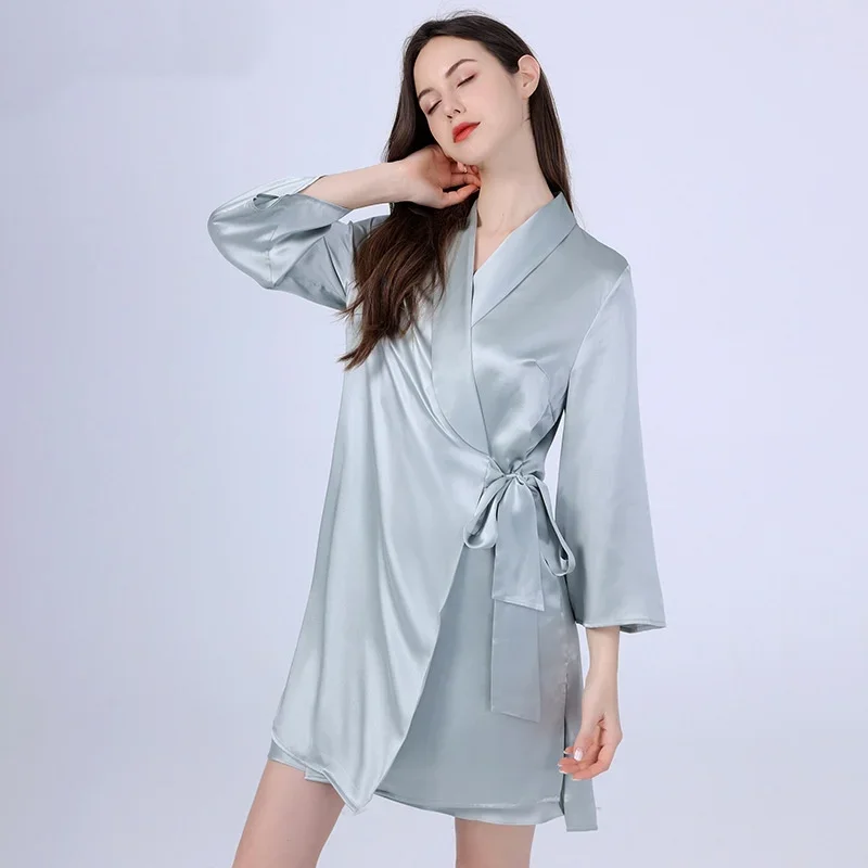 

100% Silk 2pcs Woman Sexy Pajamas Sleepwear Long Sleeve Belt Robe With V Neck Slip Dress Women's Nightwear Robes Cami Dress