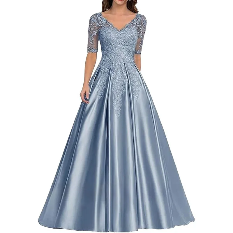 

Customized Mother of the Bride Dress Elegant Lace Satin Wedding Guest Dress Sheer Neck Half Sleeve Womens Formal Evening Gown