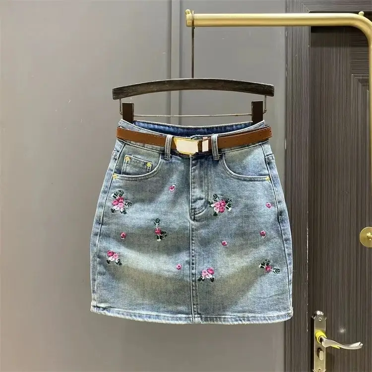 

Chinese-style embroidery rhinestone denim skirt pants for women, summer 2024 new high-waisted A-line wide-leg short skirt pants