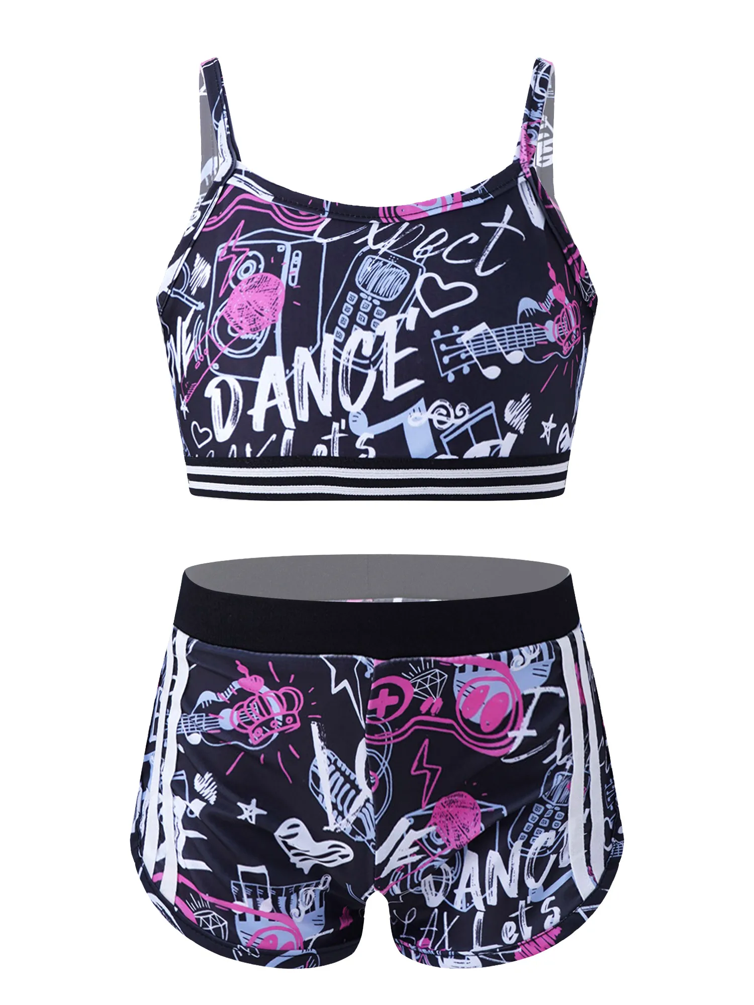 8-14Y Kids Girls Swimwear Set Print Crop Top with Shorts Briefs Tankini Swimsuit Beach Pool Water Park Bathing Suit Beachwear