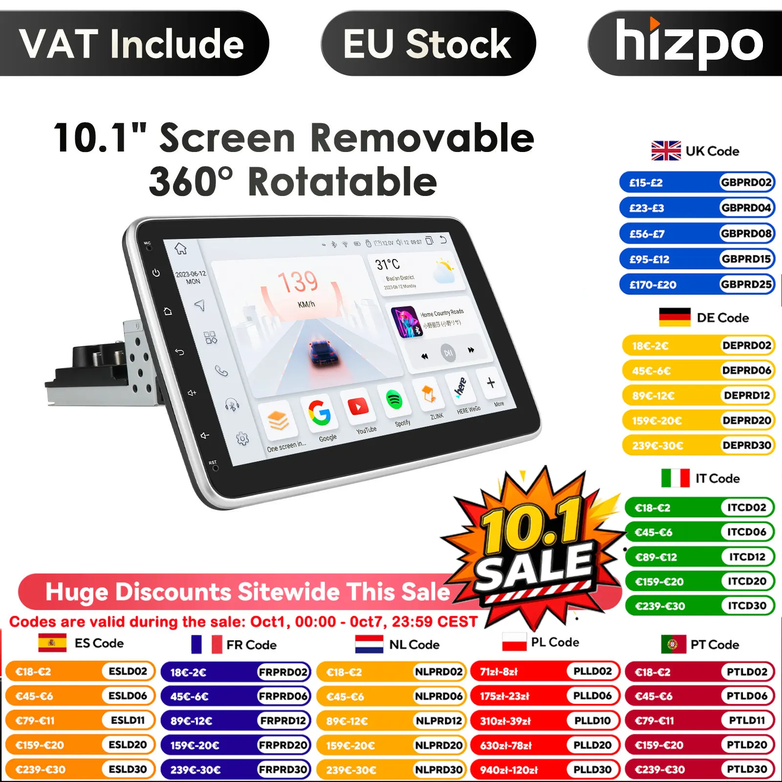 4G 1Din Android autoradio Multimedia GPS 10.1 pollici rimovibile 360 angolo regolabile Touch Screen Android WiFi Audio Video Player