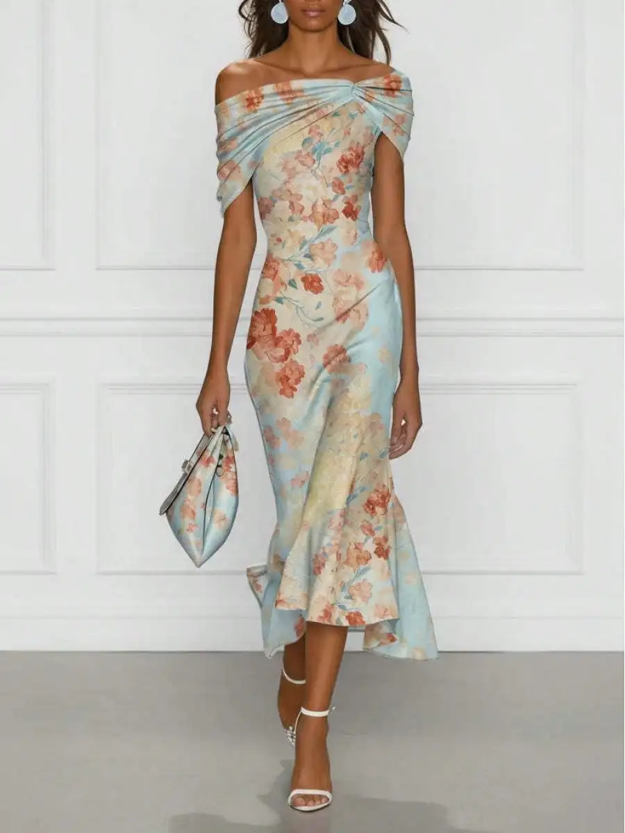 

Women Floral Print Off The Shoulder Midi Dress, Twisted Knot Bodycon Satin Dress, Elegant Mermaid Hem Formal Cocktail Party Dress, Wedding Guest Evening Outfit