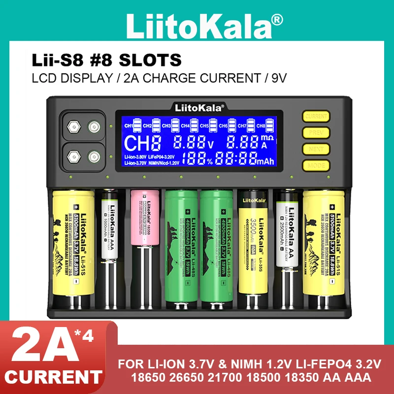 Liitokala Lii-500 lii-S8 202 Lii-PD4 Battery Charger, 3.7V 1.2V 18650 22650 20700 10440 14500 26650 AA  AAA NiMH Lithium Battery