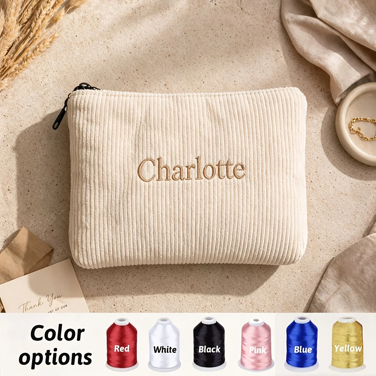Personalized Embroidered Corduroy Makeup Bag, Custom Name Cosmetic Pouch, Soft Large Capacity Travel Toiletry Organizer