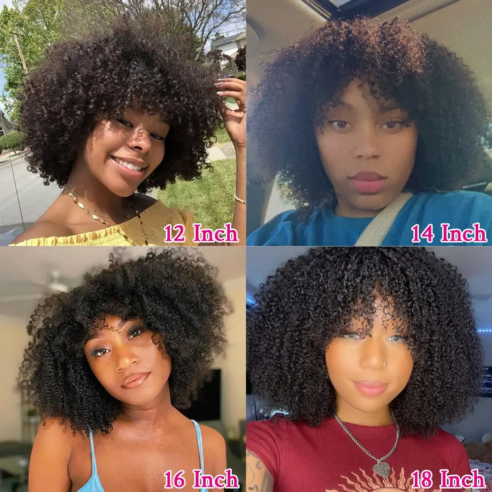 Afro Kinky Curly Human Hair Wigs with Bangs For Women Full Machine Made Wig Brazilian Remy Hair Curly Fringes Wig 10-22 Inches