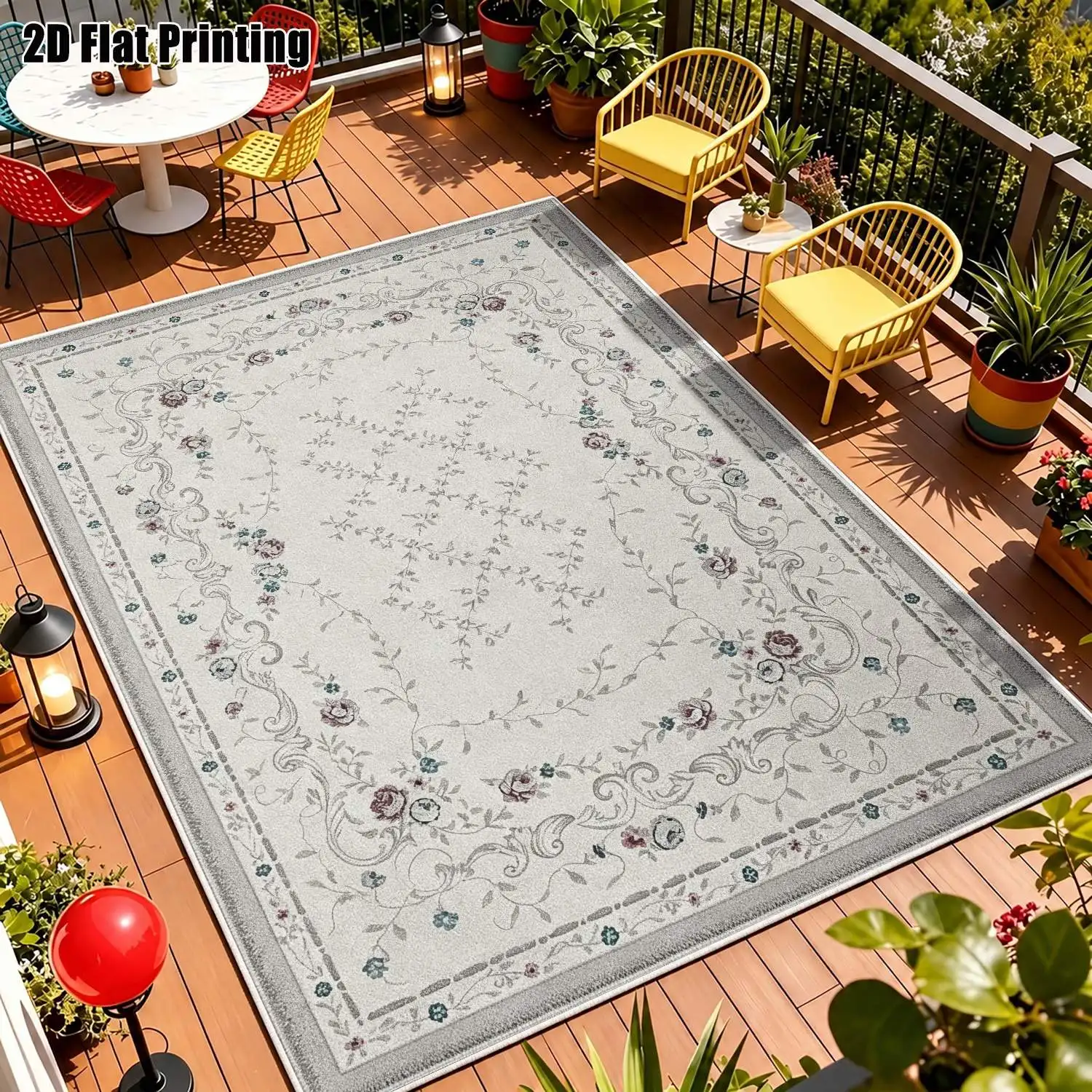 1Pc 2D Printed Velvet Carpet, Light Gray Base Pink-Blue Floral, European Retro Geometric, Home Decor, Multi-Size Machine Washable, for Entrance/Dining/Foyer/Bedroom/Living Room