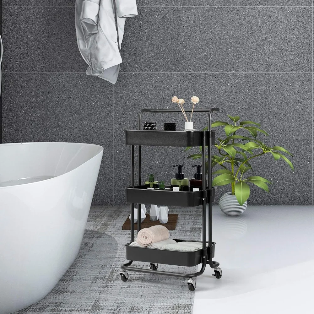 عربة أدوات دوارة من 3 طبقات مع عجلات قابلة للقفل، منظم تخزين متنقل لمكتب المطبخ والحمام، أسود #6