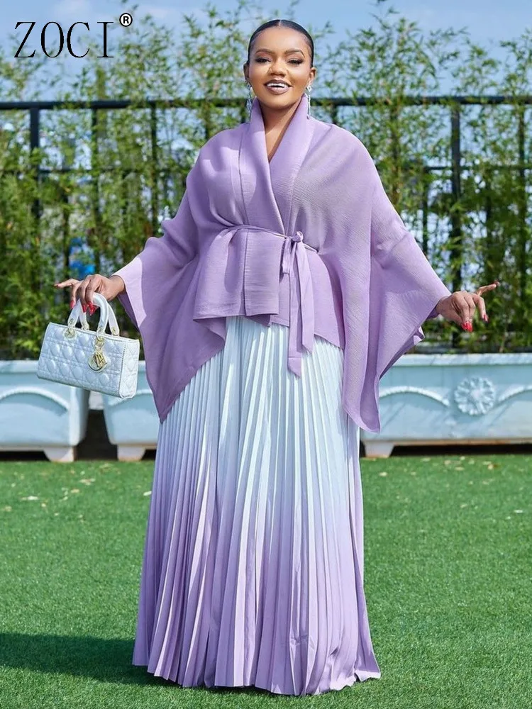 

ZOCI женский классический костюм шаль со шнуровкой, пальто, свободные плиссированные длинные платья с градиентом цвета, женские элегантные комплекты платьев одного размера