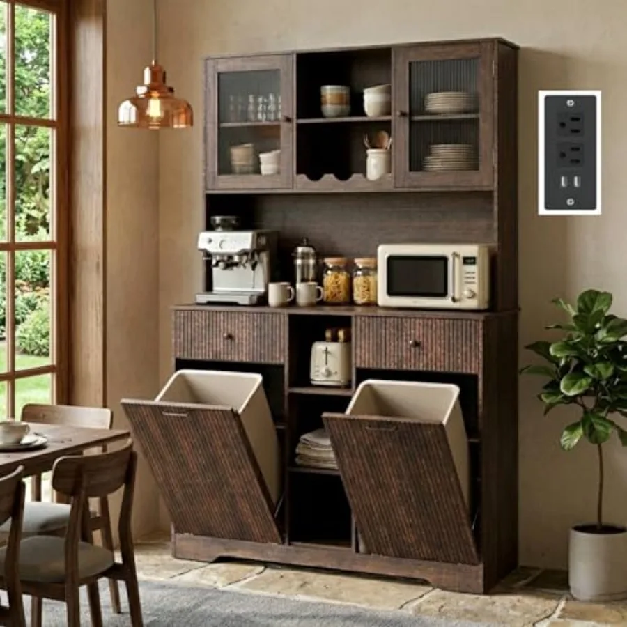 

10×2 Gallon Double Tilt Out Trash Can Cabinet with Power Outlet, 71" Tall Wooden Garbage Can Holder Cabinet with 2 Drawers for