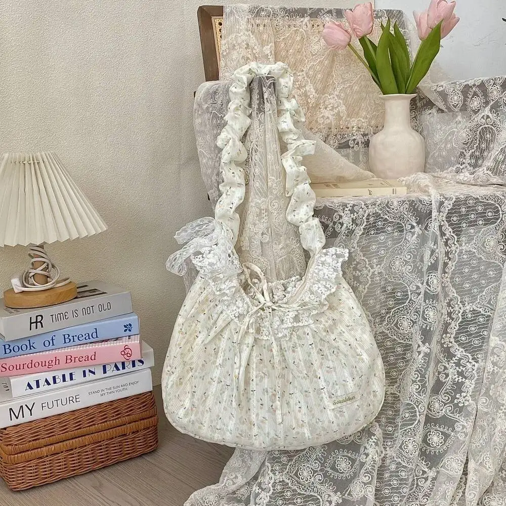 Bloom Fairycore Aesthetic Floral Handbag Purse Women Sweet Cute Lace Bow Y2k Shoulder Female Casual Crossbody Bags 2025