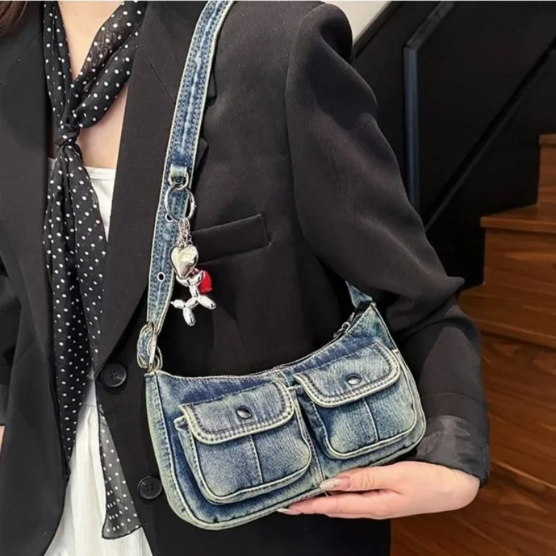 Stylish Washed Denim Messenger Bag Y2K Style Underarm Bag with Balloon Dog Charm Denim Shoulder Purse Crossbody Bags for Women