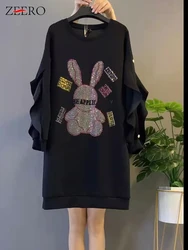 Korean Oversized Purple Loose Hoodie Dress Women Casual Cartoon Ruffle Long Sleeve Sequins Fall Winter Sports Sweatshirt Dresses