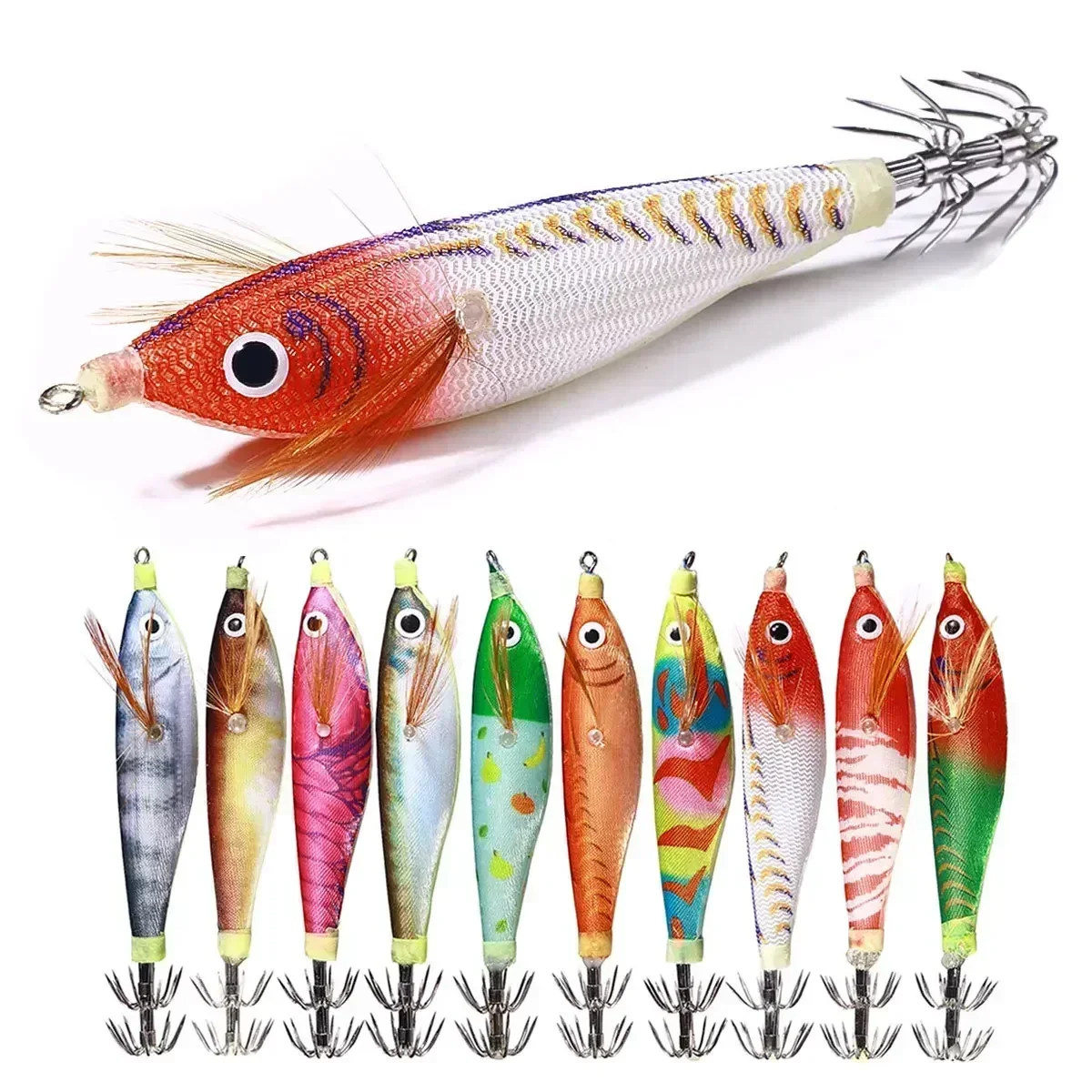 5 pz luminoso richiamo di pesca legno gamberetti esche pesca calamari Jig gancio polpo seppie gamberetti Jigging esca per la pesca notturna