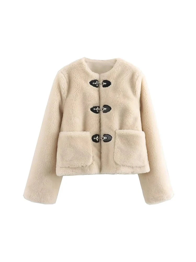 

Women's Fashion Elegant Faux Fur Effect Jacket Casual Chic Round Neck Long Sleeve Single Breasted Pocket Warm Fleece Jacket