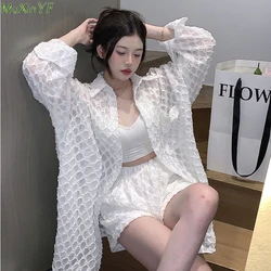 White Sunscreen Long Shirts Crop Tops Vest Short Pants Three Piece Sets 2024 Women Travel Blouse Sling Pant Suits New Clothing