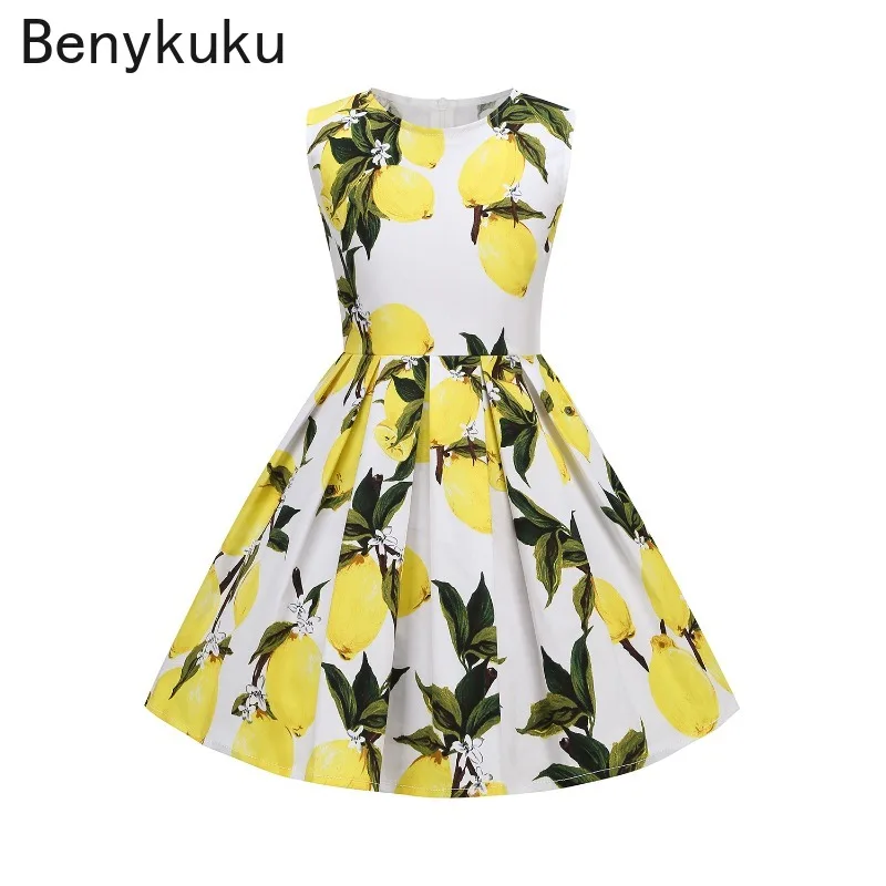Lemomn impressão meninas vestidos de verão do vintage sem mangas crianças roupas bonitos bolinhas vestido de verão algodão plissado vestido de festa