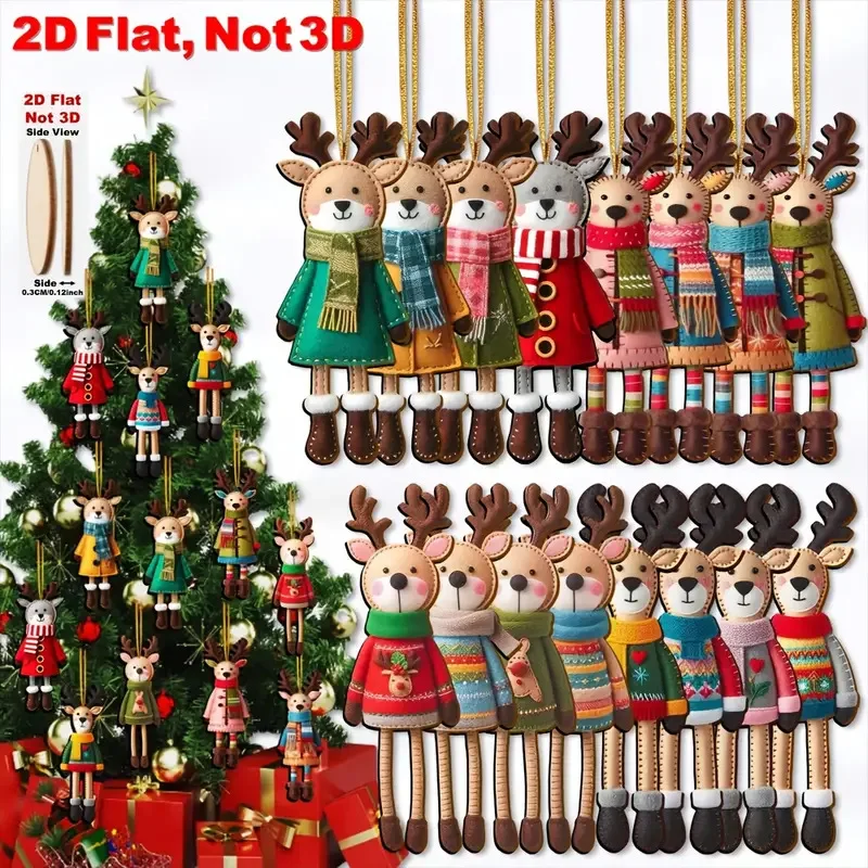 16 pçs 2d colorido rena de natal ornamento de madeira 2025 natal dos desenhos animados pendurado ornamentos para casa 2026 presente de ano novo
