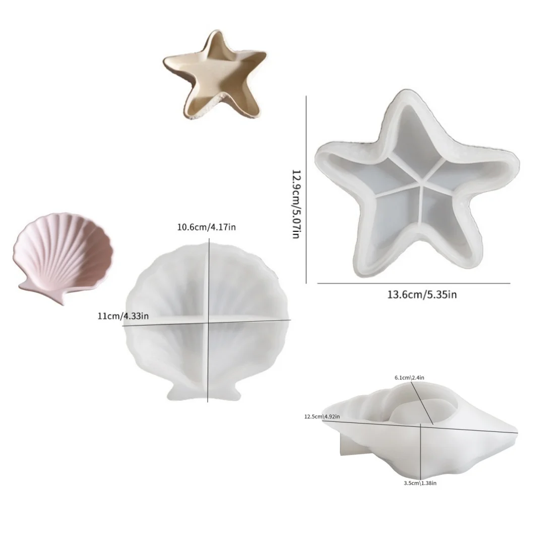 3pcs Ocean Series Silicone Molds, Starfish Conch Shell Trays Resin Molds Diy Crafts, Gypsum, Concrete, Candle Holder Molds