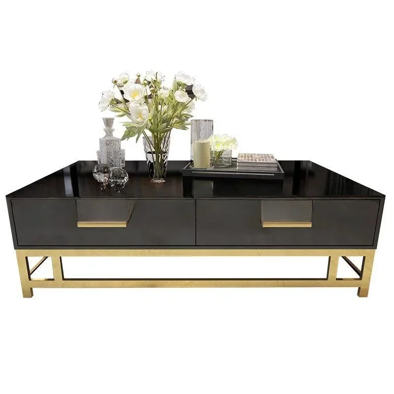 Simple post-modern solid wood coffee table furniture, wrought iron loft living room stainless steel square glass surface tea tab