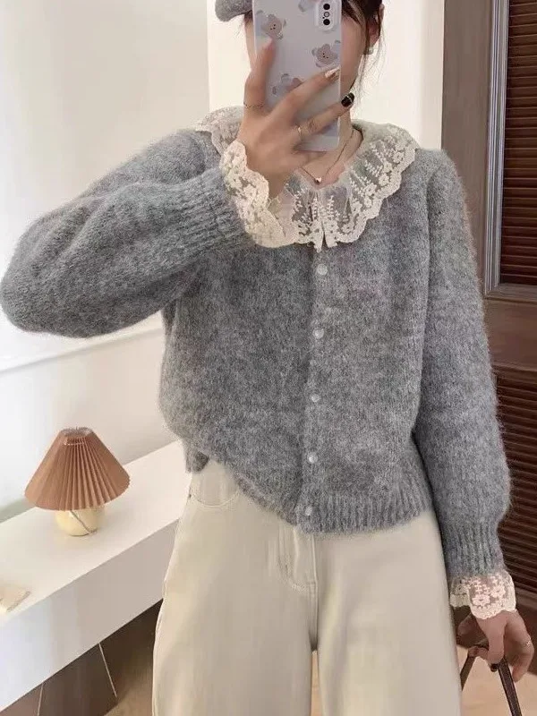 Pull tricoté jaune avec bordure en dentelle pour femme, manteau ample, amincissant, doux et chaud, Cardigan ouvert, automne hiver