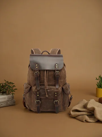 Casual Oil Wax Canvas Backpacks Vintage Waterproof Large Capacity Travel Bag Women Mochila Leather Laptop Drawstring Rucksack