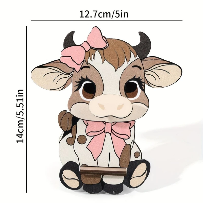 1pc Highland Bull Wooden Glasses Display Frame Handmade with Pink Bow Cute Animal Desktop Decor for Home/Office Fun Design
