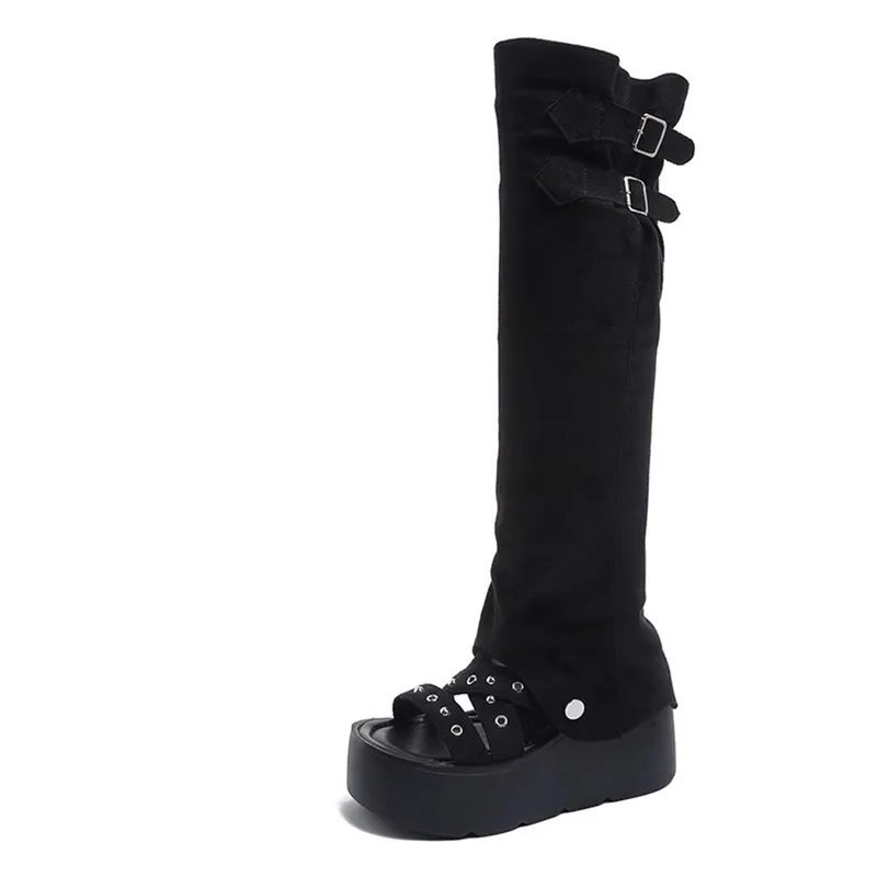 

9CM Women Platform Motorcycle Boots Wedges Heels Mid Calf Boots Woman Summer ZIP Detachable Chunky Sneakers Gothic Botas Mujer