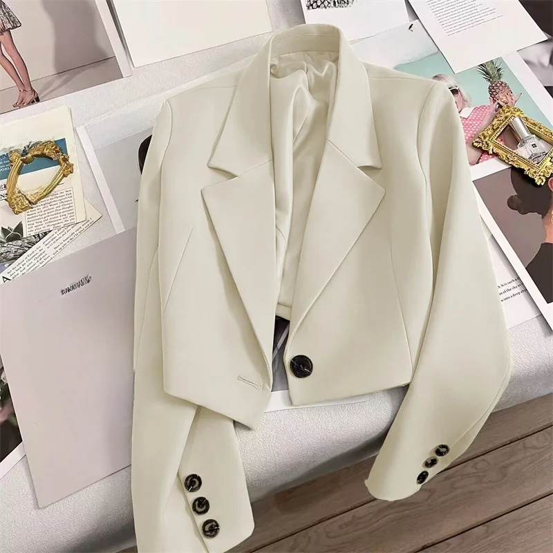 

Модные короткие пиджаки и пальто для женщин, осень-зима 2024, для повседневной носки, с длинным рукавом, отложным воротником, на одной пуговице, однотонные